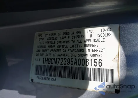 2005 Honda Accord 2.4 Lx z USA, uszkodzony, nr VIN 1HGCM72395A006156